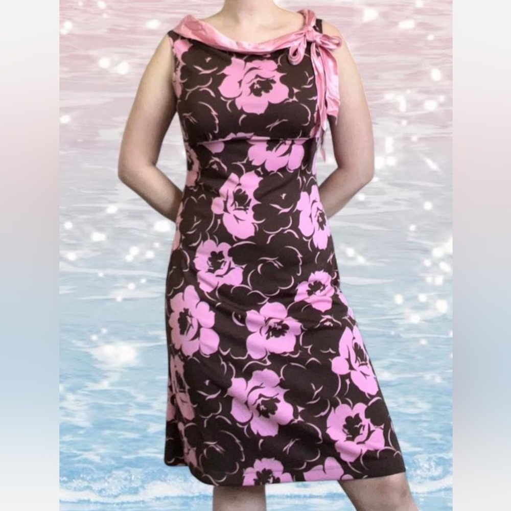 My Michelle Pink And Brown Floral Y2k Dress With Satin Bow Size L